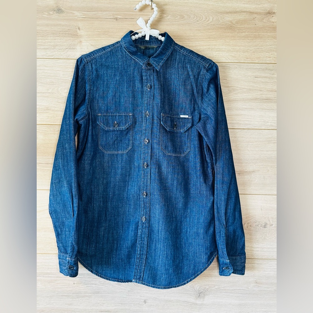 MOTHER Denim Shirt with Red and White Embroidery